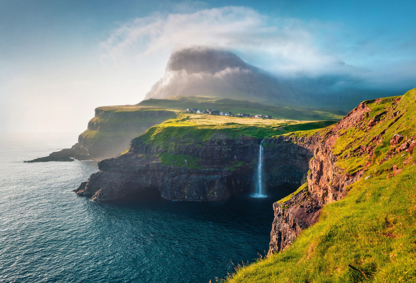 Gorgeous morning scene of Mulafossur Waterfall. Amazinf summer view of Vagar island, Faroe Islands, Denmark, Europe. Beauty of nature concept background.